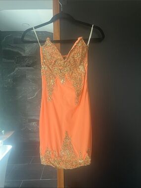 Gold-Embellished Orange Spaghetti-Strap Mini Dress